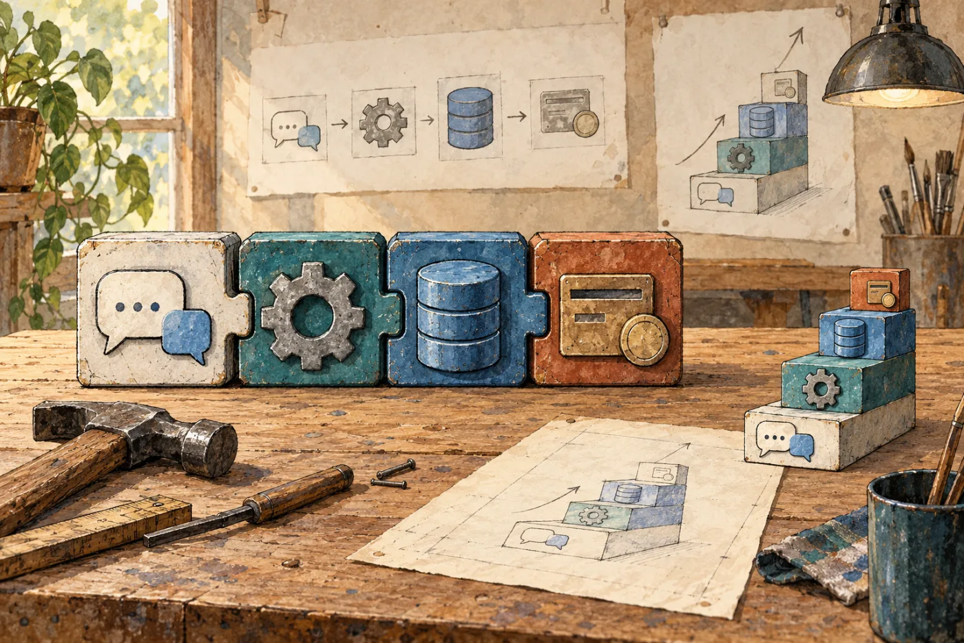 A workbench with reusable conversation, backend, database, and payment building blocks.