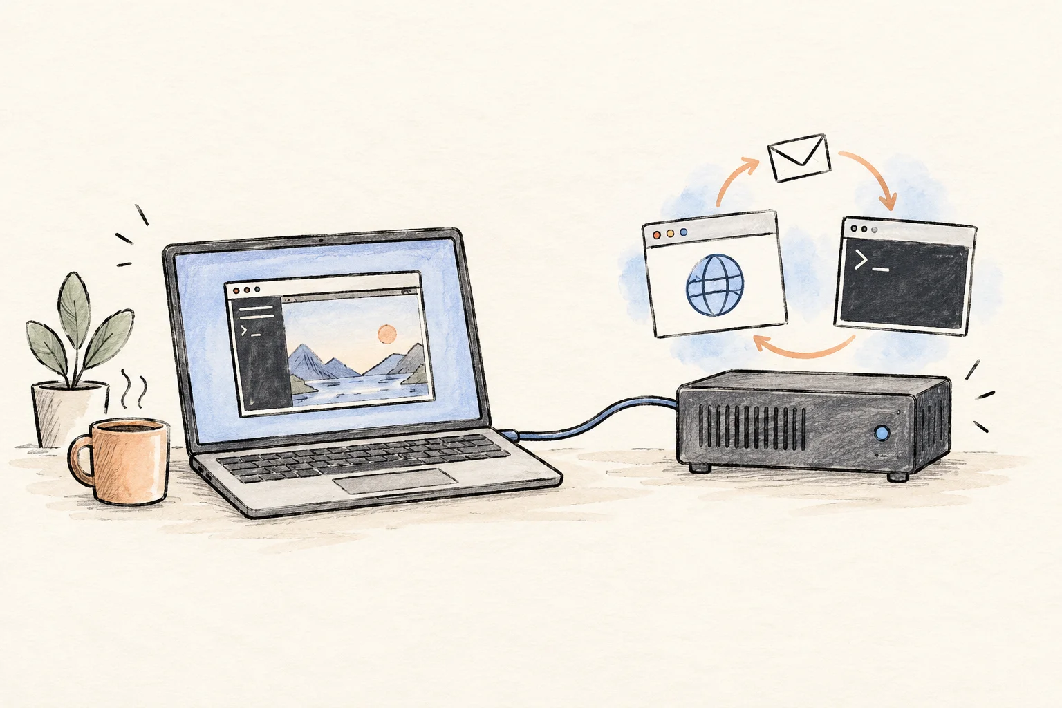 A laptop connected to a small server, with a browser and terminal exchanging an envelope on the server side.