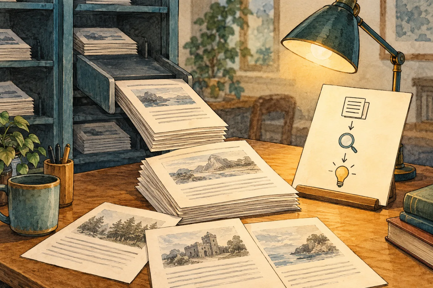 Evidence pages from a retrieval shelf reaching a well-lit reader desk.