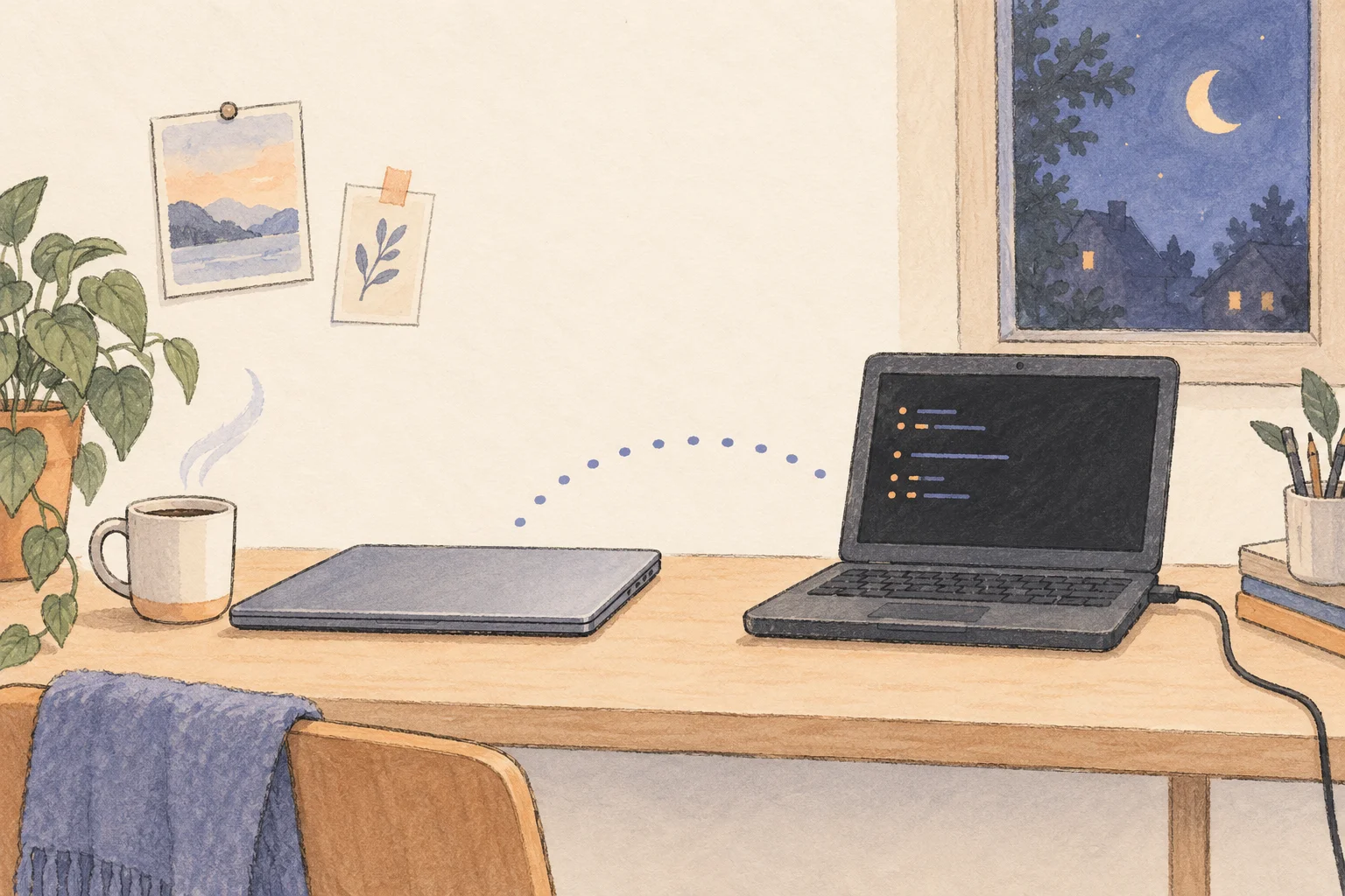 A relaxed pencil-and-watercolor sketch of a closed everyday laptop connected to a powered development laptop at night.
