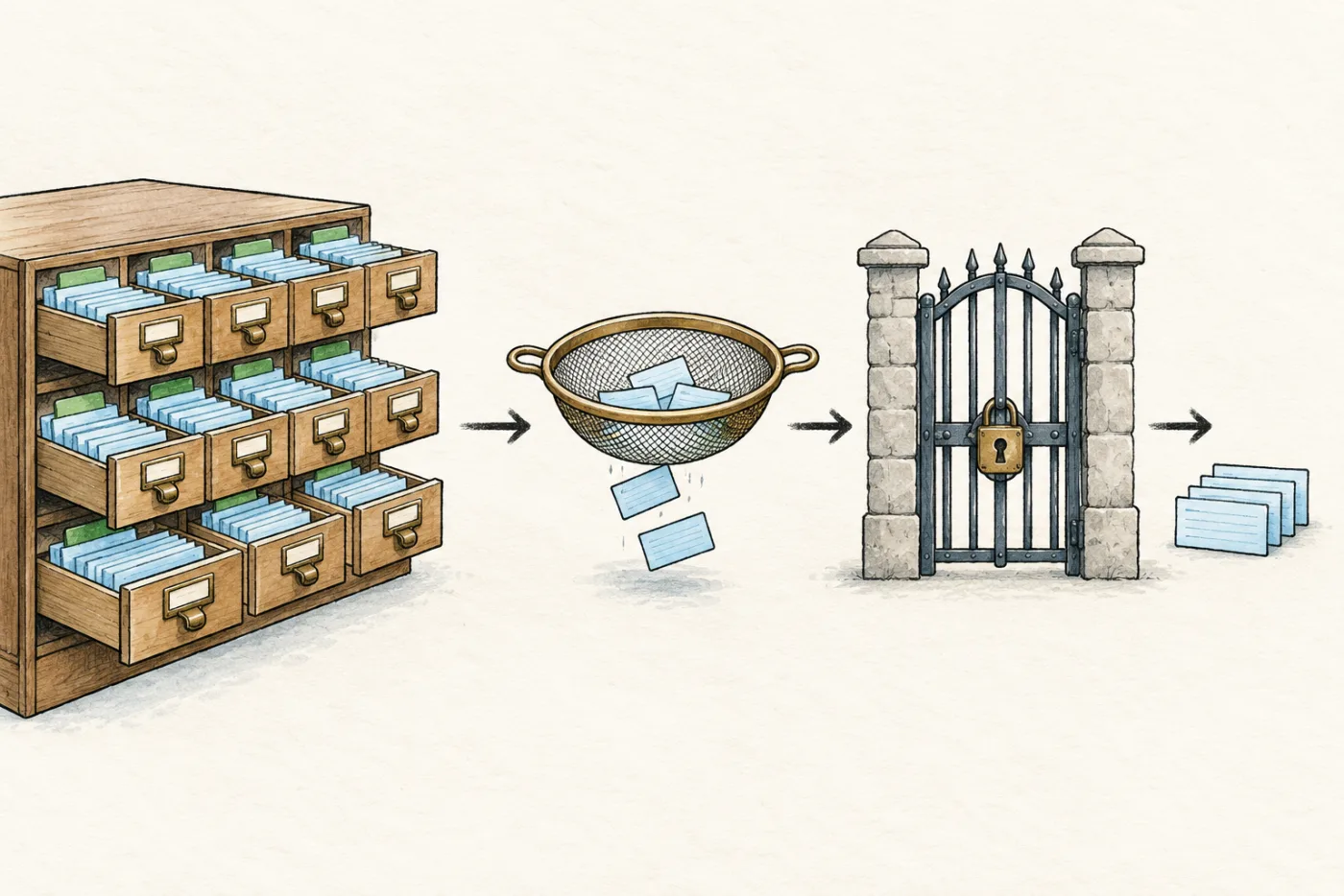 Hand-drawn card catalog, sieve, and locked gate illustrating indexed candidate selection followed by an authorization check.