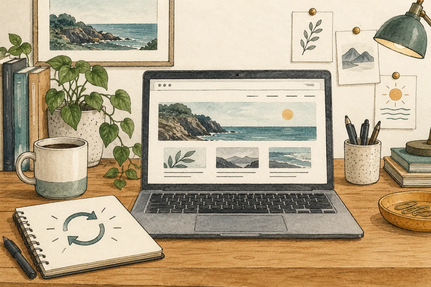 A calm desk with a refreshed personal website on a laptop and notes nearby.