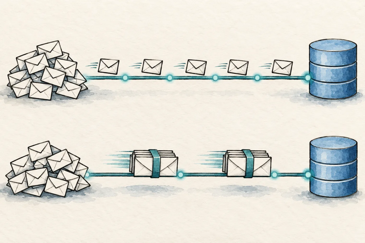 Individual database messages compared with two tidy bundled crossings.